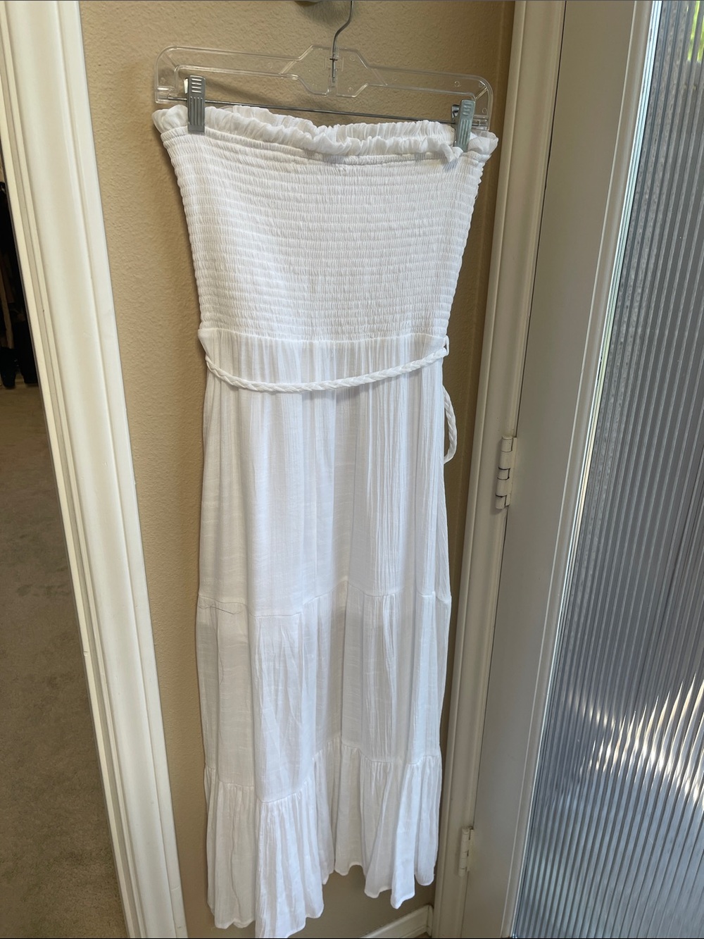Strapless White Smocked Maxi Dress with Braided Waist Tie - Picture 3 of 4